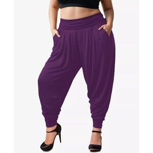 White Mark Women's Plus Size Harem Pants Banded Waist Lounge Pants Purple 1XL